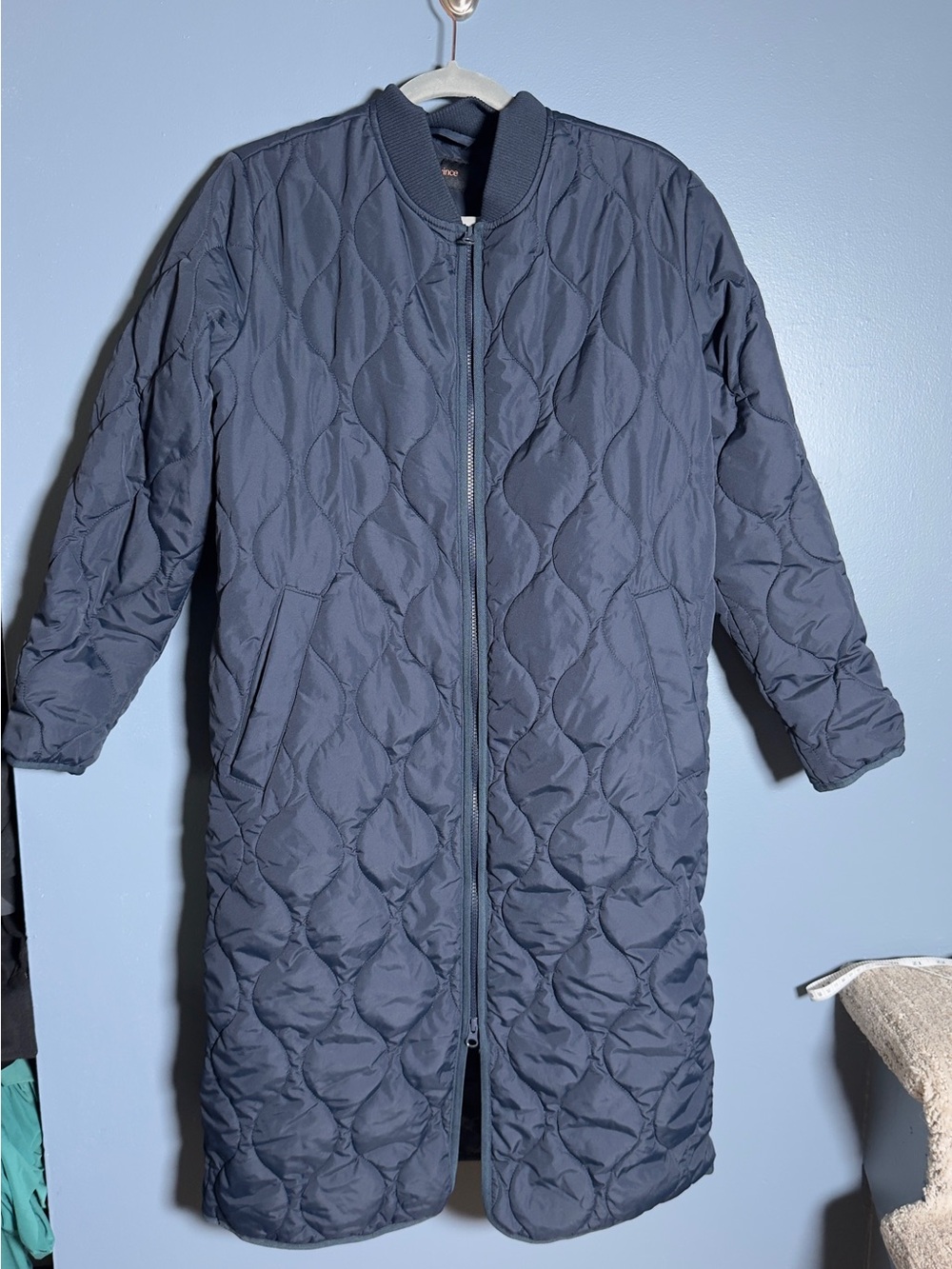 Quince Featherless Quilted Long Puffer Coat Full Zip Blue Women's Medium EUC